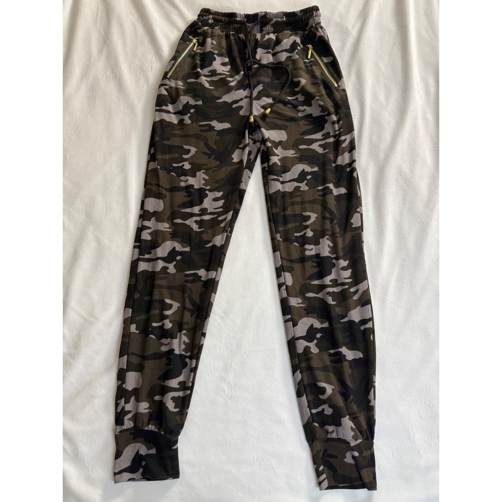Indero Women Camo Joggers S/M Olive Green Camouflage Zipper Pocket Lounge Pants